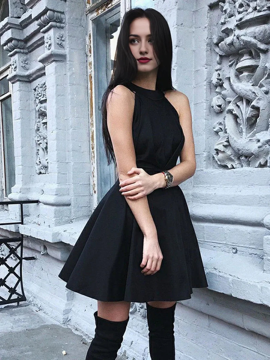 Weitese Dress Black A Line Round Neck Pleated Satin Short Prom Homecoming Dresses